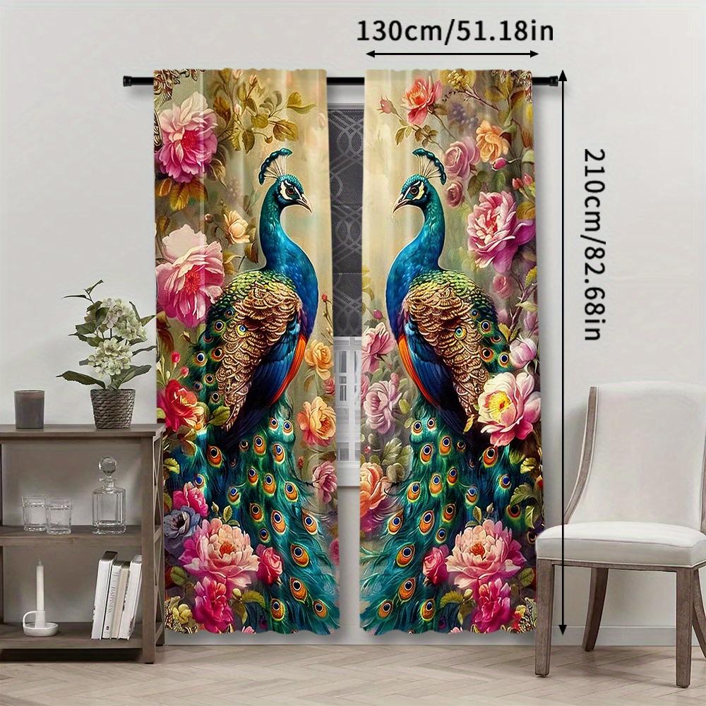 2Pcs Polyester Retro Peacock Floral Printing Window Curtains Birthday Party Decoration Backdrop Drapes for Living Room