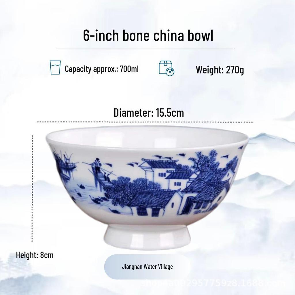 Blue and White High-Foot Bone China Noodle Bowl - Chinese-Style, Anti-Scald, Customizable for Birthdays