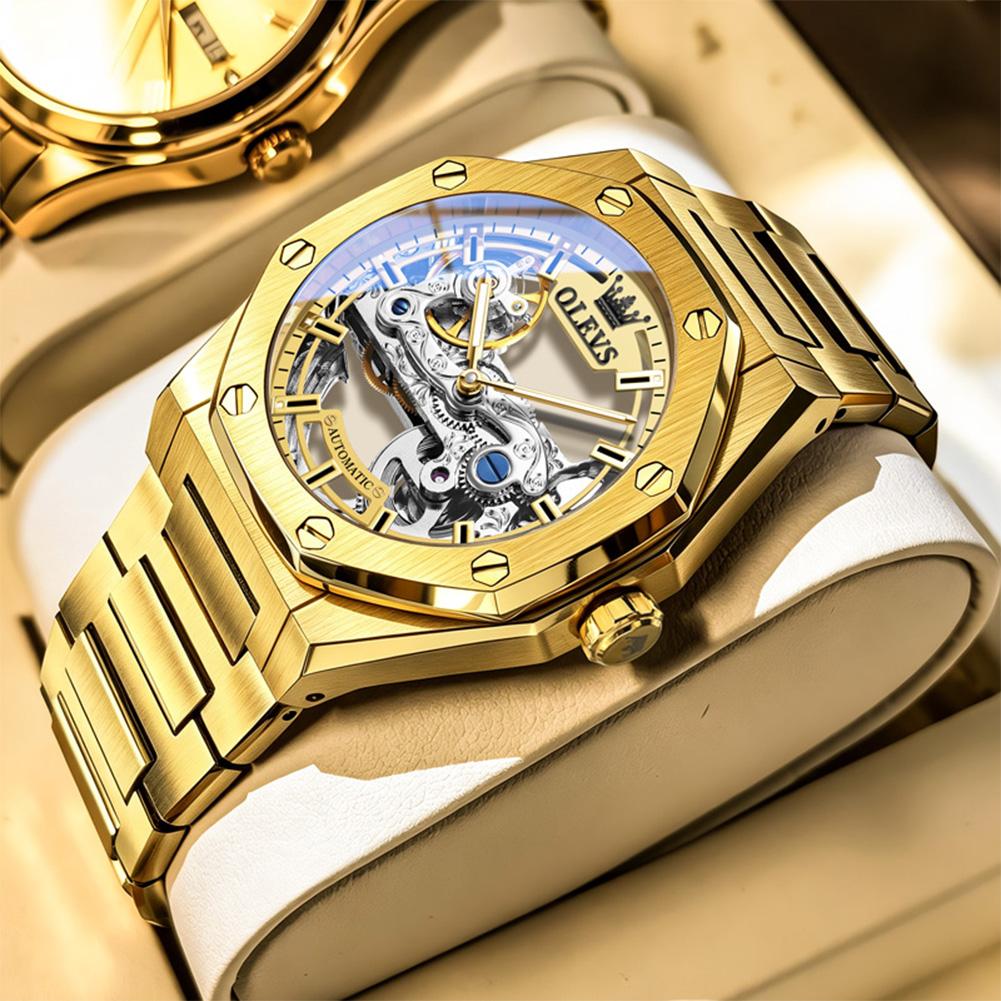 OLEVS Luxury Octagonal Skeleton Automatic Watch for Men Stainless Steel Band Hollow Mechanical Sport Self-winding Male Clock