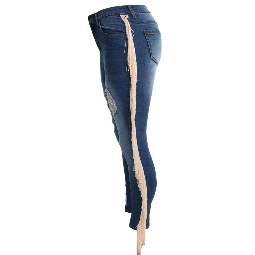 Fashion Women High Waist Hole Tassel Button Zipper Pocket Denim Jeans Sexy Pants
