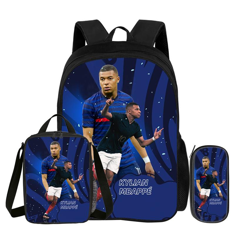 Voetbal Sportrugzak M-Mbappe 3-delige Set Schoolrugzak Leren, Reizen Etui, Lunchtas, Voetbalster Boekentas