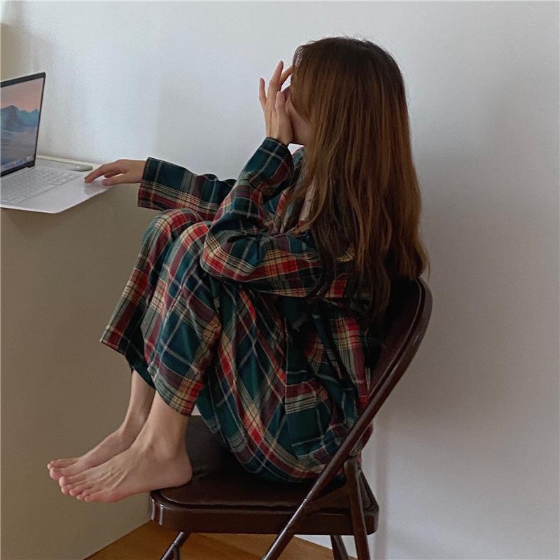 Herbst Neu Koreanisch Weihnachten Karomuster Paar Pyjama Set - Locker Langarm Hauskleidung