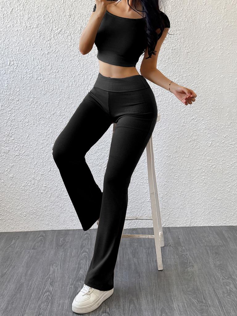 Women Y2K Solid Color Crop Top Long Pants Set Slim Sexy Casual Sportswear Summer