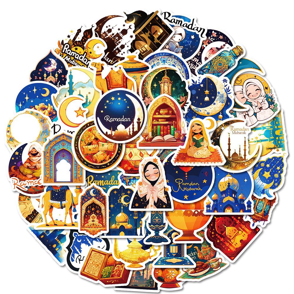 10/30/50PCS Cute Eid Mubarak Cartoon Stickers Ramadan Golden Moon Decals Waterproof DIY Phone Book Laptop Graffiti Sticker Packs