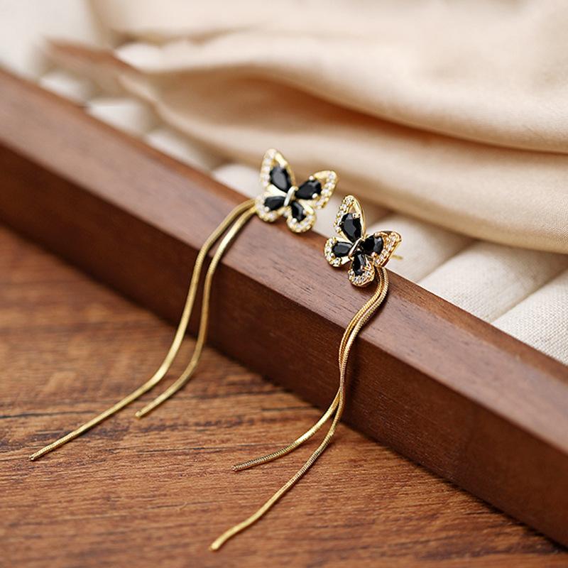 Black Butterfly Tassel Earrings for Women Convertible Chain Female Dangle Earring