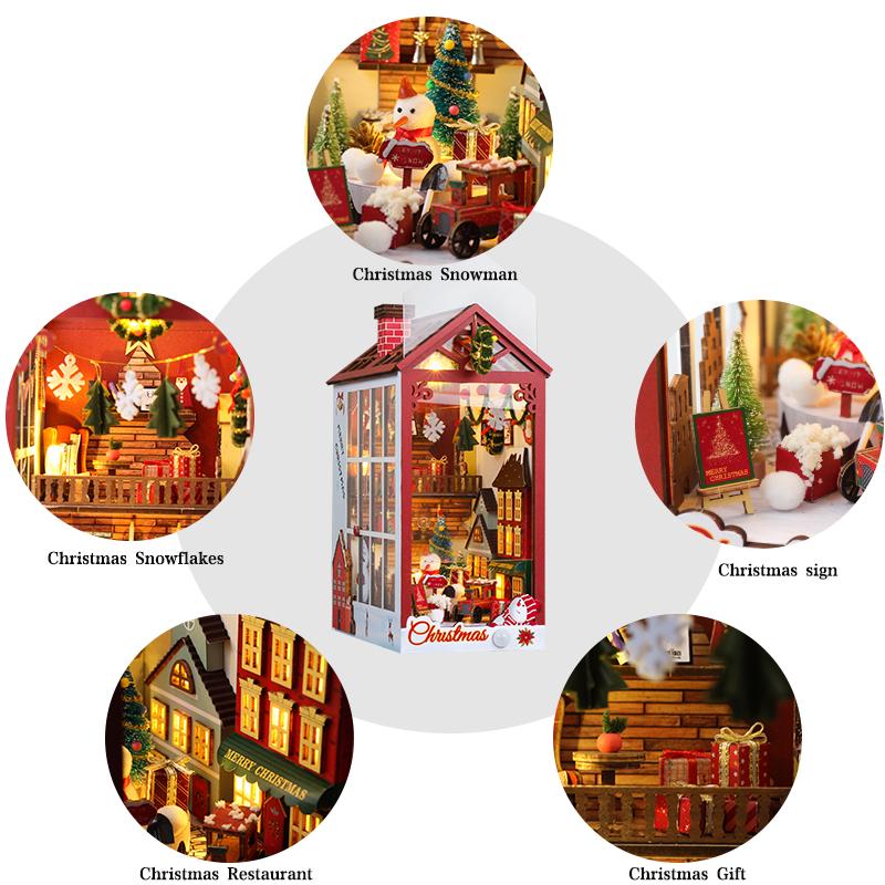 DIY Book Nook Kits Wooden Doll House Christmas 3D Puzzle Assembly Building Model Bookshelf Insert Decor With Furniture Xmas Gift