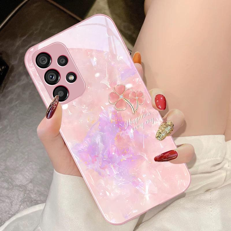 Double Petaled Clover For Samsung Galaxy S10 4G S20 11E 30 S21 21Fe 22 S24 Pro S23 Ultra 5G S8 S9 Tempered Glass Phone Case