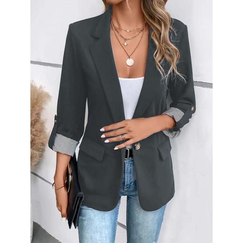 Womens Slim Fit Casual Blazer With Roll-Up 3/4 Sleeve Single Button Notched Lapel Solid Color Office Wear
