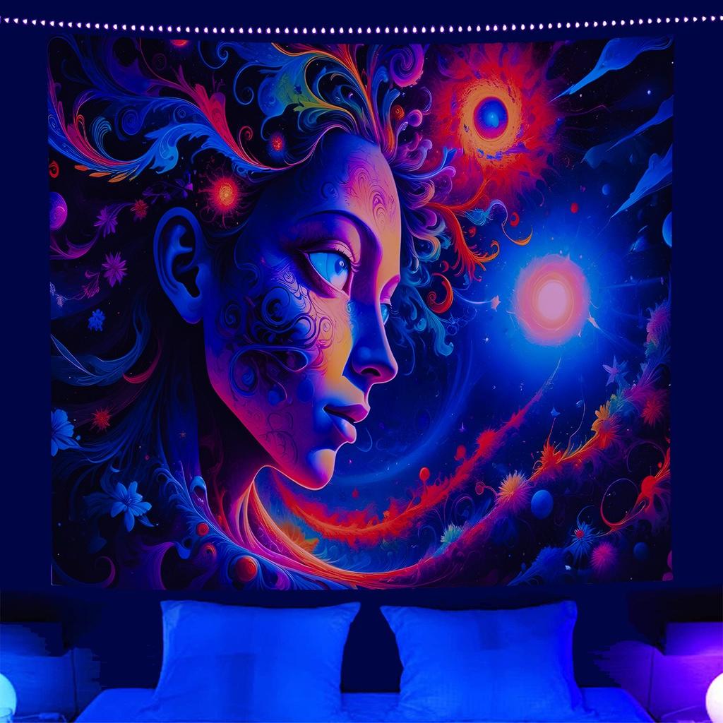 Fantasy Treehouse Blacklight Tapestry UV Reactive Forest River 2D Flat Printed Peach Skin Wall Hanging Party Backdrop Room Decor