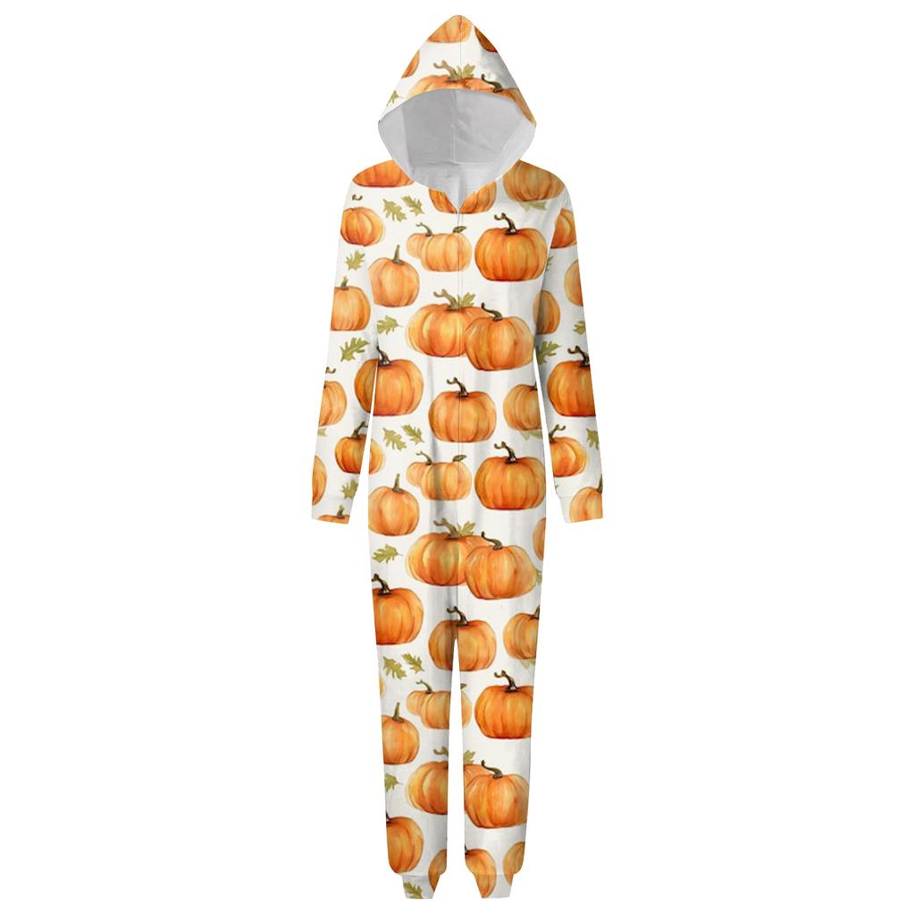 Halloween Printed Family Matching Hooded Long Sleeved Zippered Hooded Jumpsuit Set