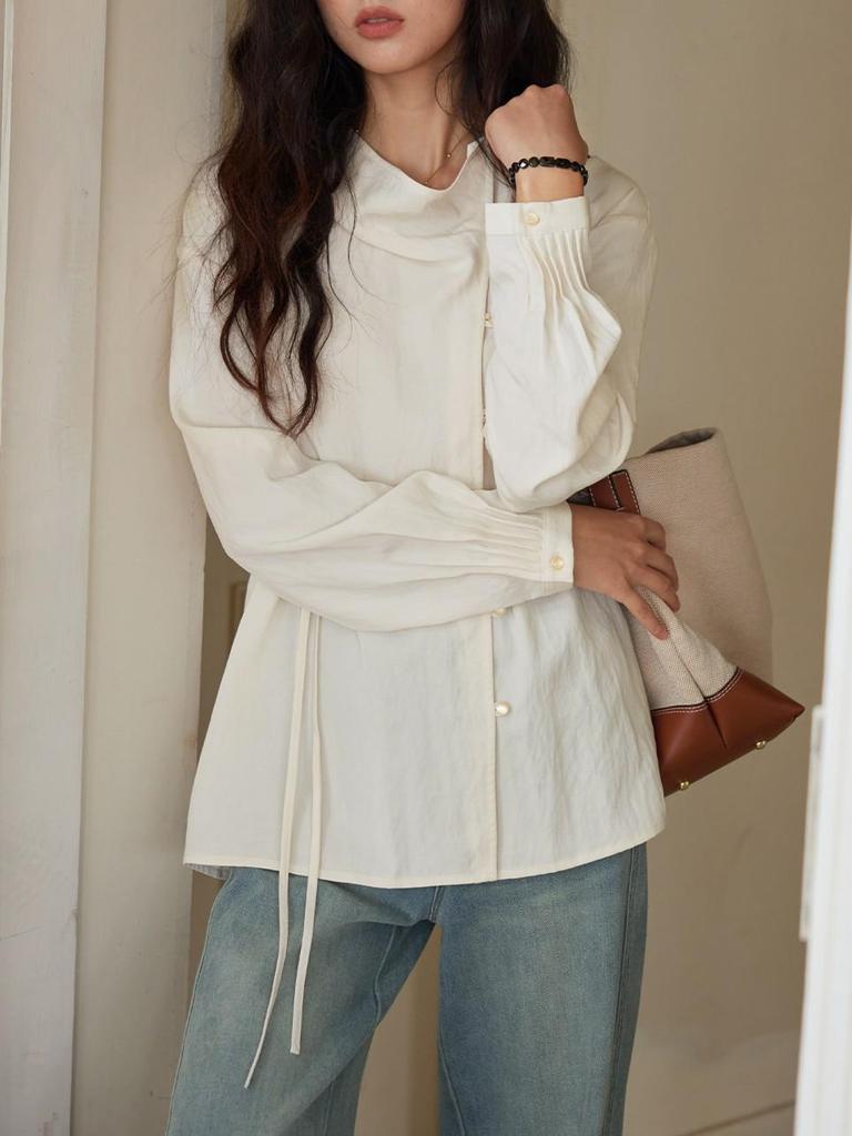 Solighter Women's Autumn 2025 Retro Lyocell Waist-Cinching Long-Sleeve Swing Collar Shirt