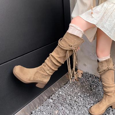 Retro Ödland Fransen Ritterstiefel Damen 2025 Herbst neu dicker Absatz aber Kniestiefel schlanke Stiefel