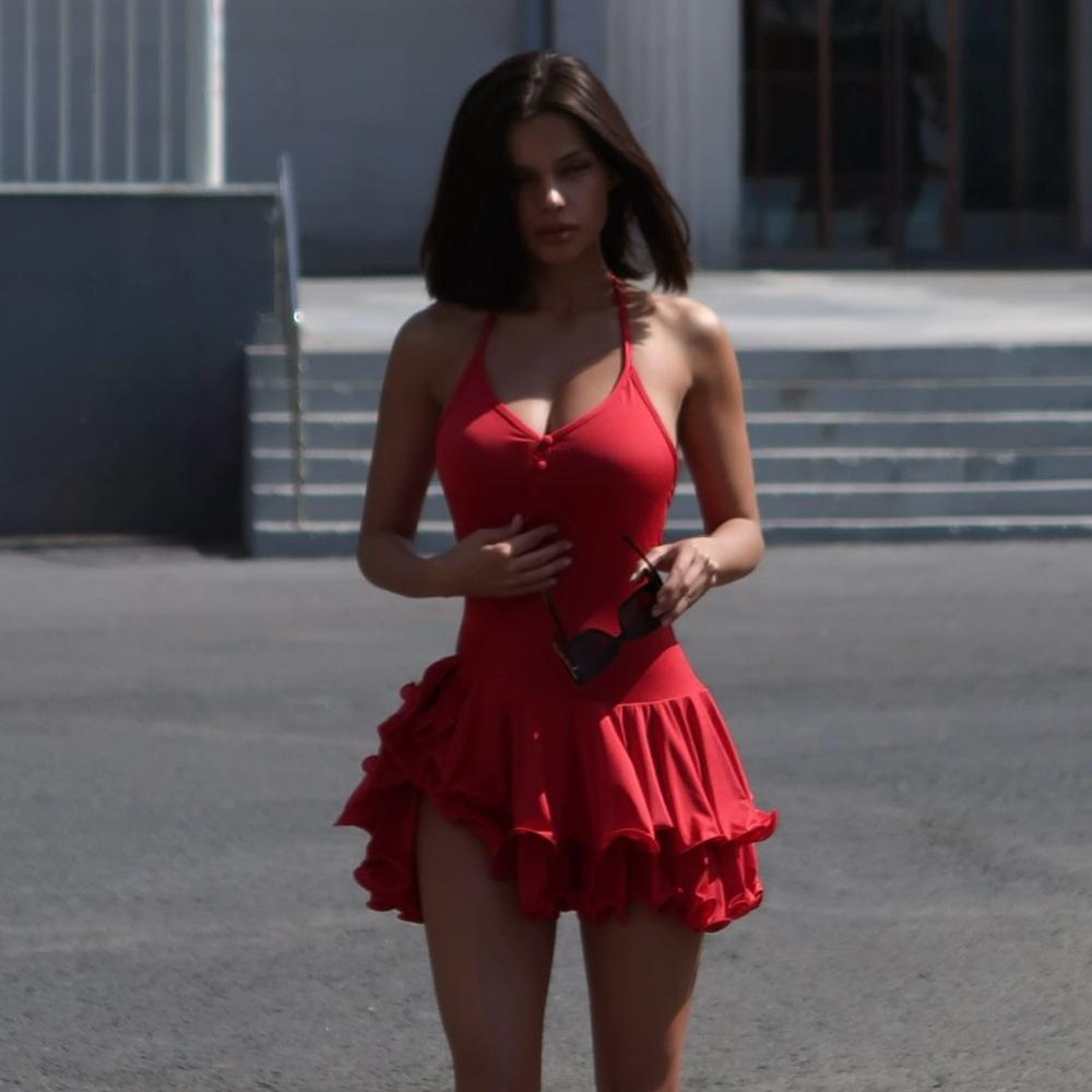 Summer Cross-Border Slimming Halter Ruffle Dress for Women Medium красный