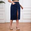 Women's Midi Bodycon Pencil Denim Skirts High Waisted Denim Jean Skirt With Pockets Long Stretch Casual Front Slit Button Down Jean Skirt for Women