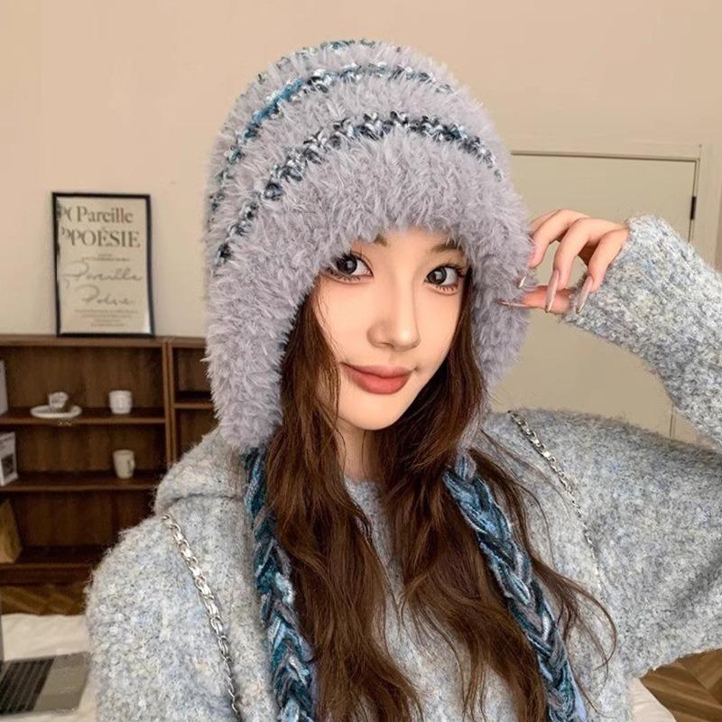 Color matching plush hat women's autumn and winter thickened warm and cold-proof small face outdoor knitted cold hat