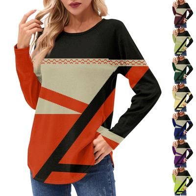 Damen Langarmshirt, lässige Mode, Tunika-Top mit geometrischem Muster, Rundhalsausschnitt, Basic-T-Shirt, locker geschnitten