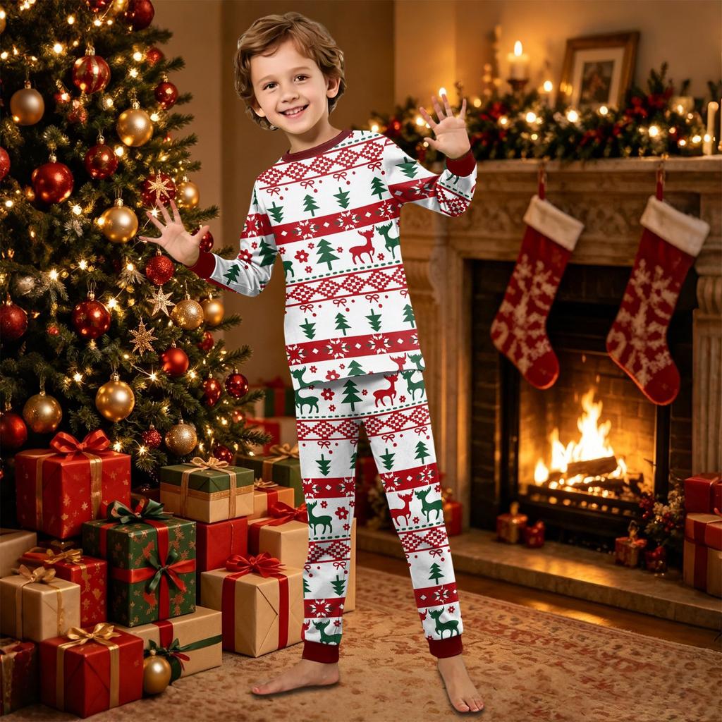 Family Matching Christmas Pajamas Set Long Sleeve Neck Print Loungewear for Parents and Kids
