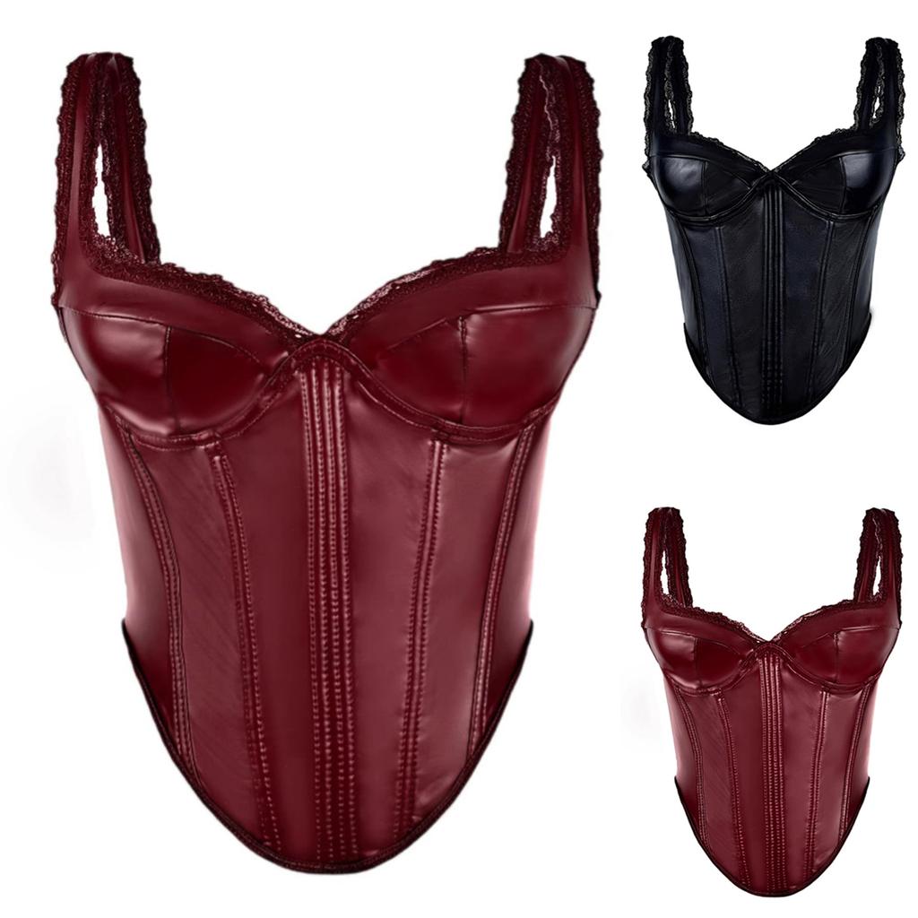 Women's Leather Lace Corset Camisole with Boning for Evening and Party Wear