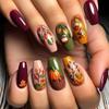 Fall Leaf Press on Nails Thanksgiving Pumpkin False Nails with Design Medium Square Artificial Stick on Nail Glossy Autumn Maple Leaves Acrylic Glue