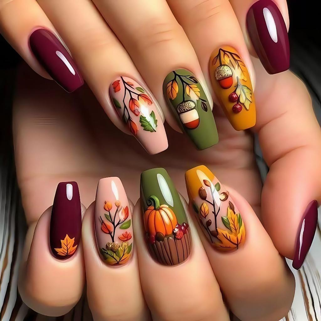 Fall Leaf Press on Nails Thanksgiving Pumpkin False Nails with Design Medium Square Artificial Stick on Nail Glossy Autumn Maple Leaves Acrylic Glue