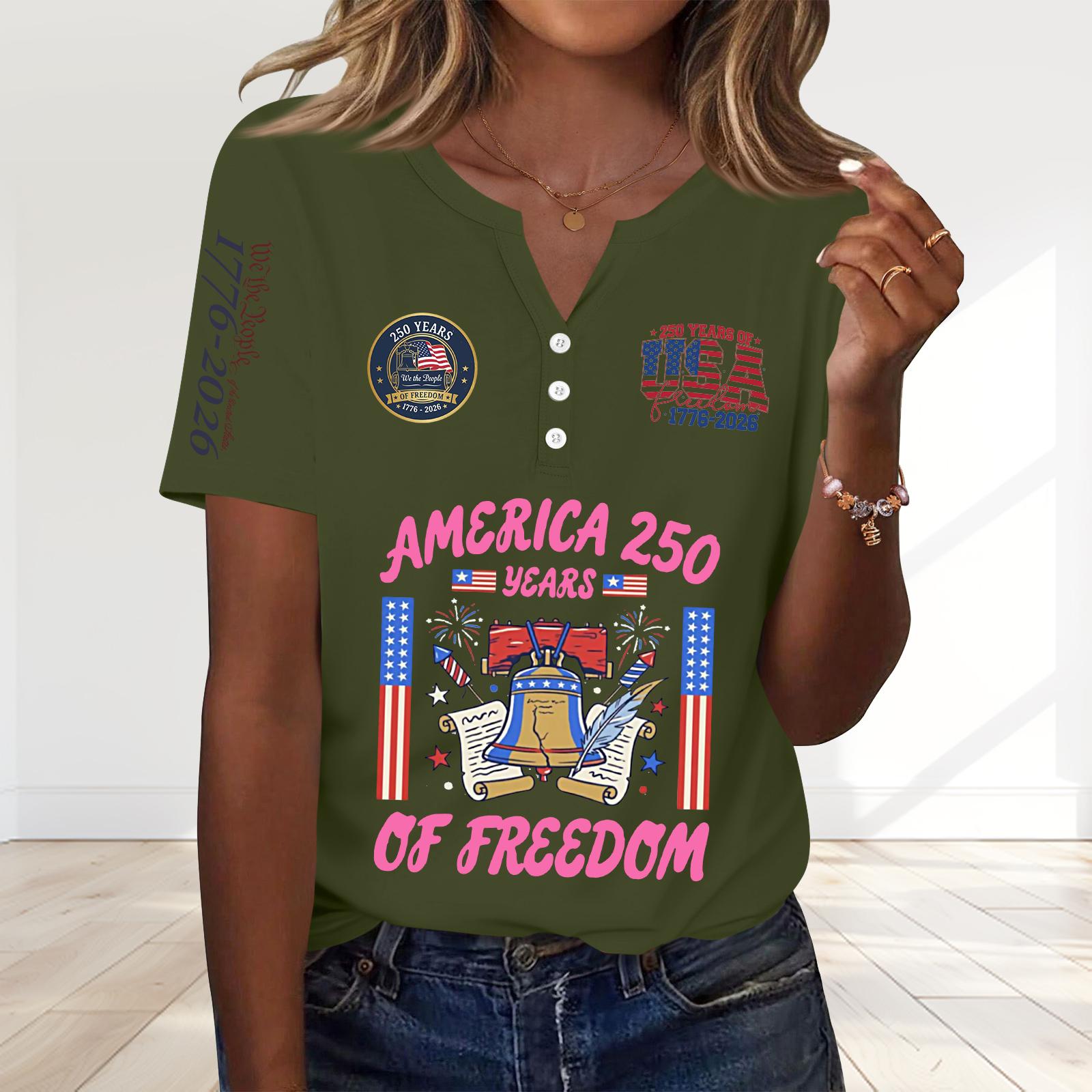 

Женская модная повседневная футболка с принтом к 250-летию Дня независимости, V-образный вырез, короткий рукав, украшенная пуговицами L армия зеленый