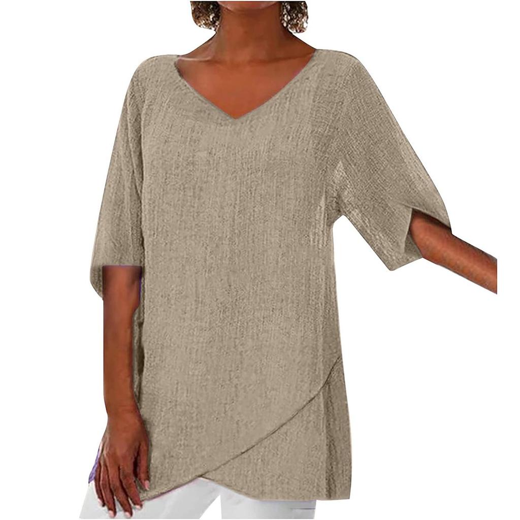 Tunic top da donna asimmetrico a maniche corte con girocollo, camicetta colorata