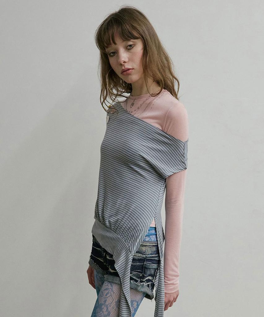 SCULPTOR Off-Shoulder Button Tee Dusty Blue