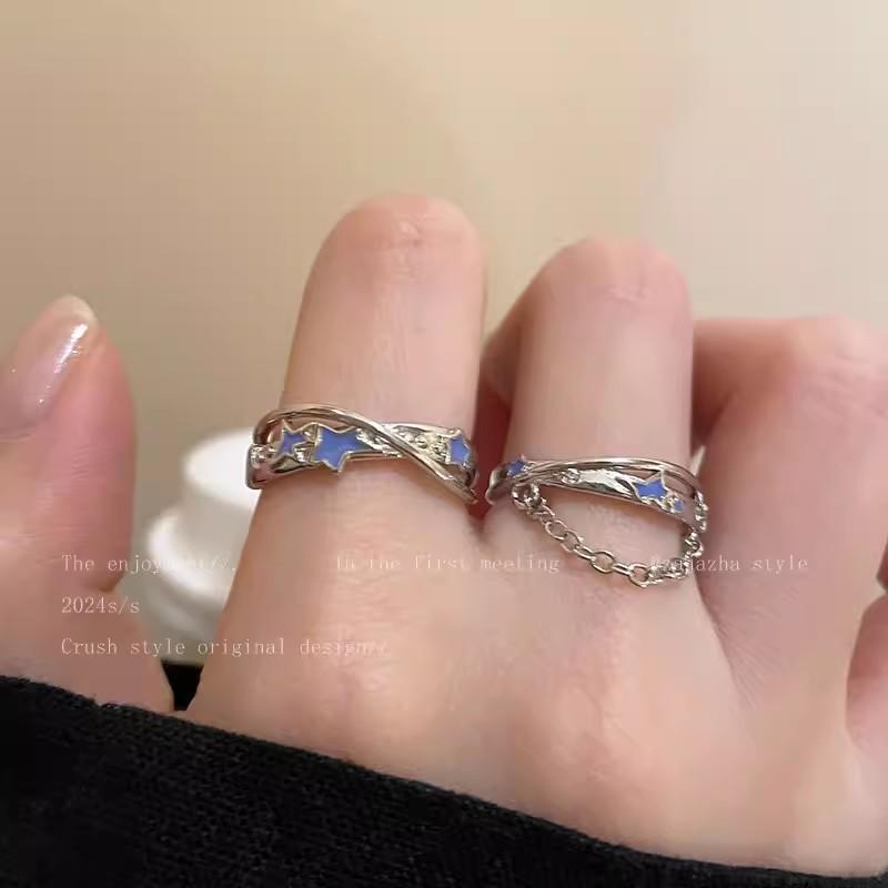 Glazed Chain Star-shaped Opening Ring for Women, Sweet and Cool Style, Five-pointed Star Ring for Index Finger, Design-inspired Finger Ring