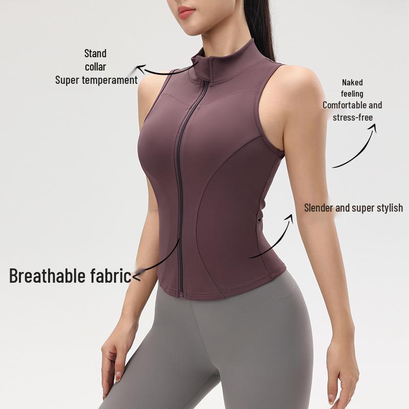 Dámský nahý top na jógu se zipem a ochranou proti nárazům - Zeštíhlující bez rukávů se stojáčkem pro letní venkovní sporty.