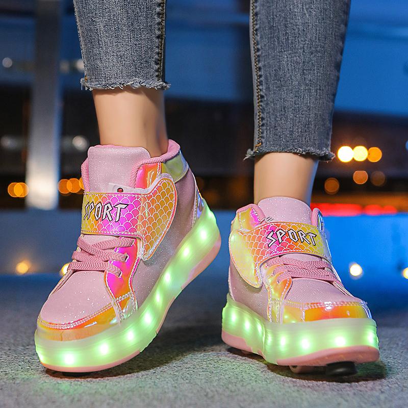 Kid's Four-wheel Detachable Flat Shoes Rechargeable LED Luminous Sports Shoes with Wings Children's Skates with Brakes Roller Skates sneakers