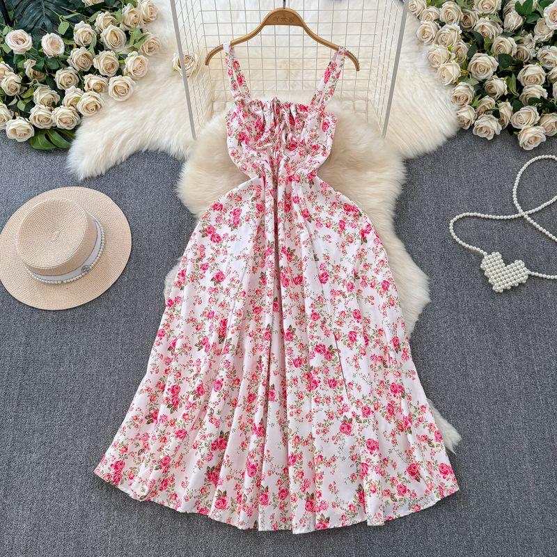 

Пляжный отпускной стиль Платье с цветочным принтом Летняя мода Приталенное Стройнящее А-силуэта Открытая спина Бандо на бретелях Большое платье с широкой юбкой White powder Print L