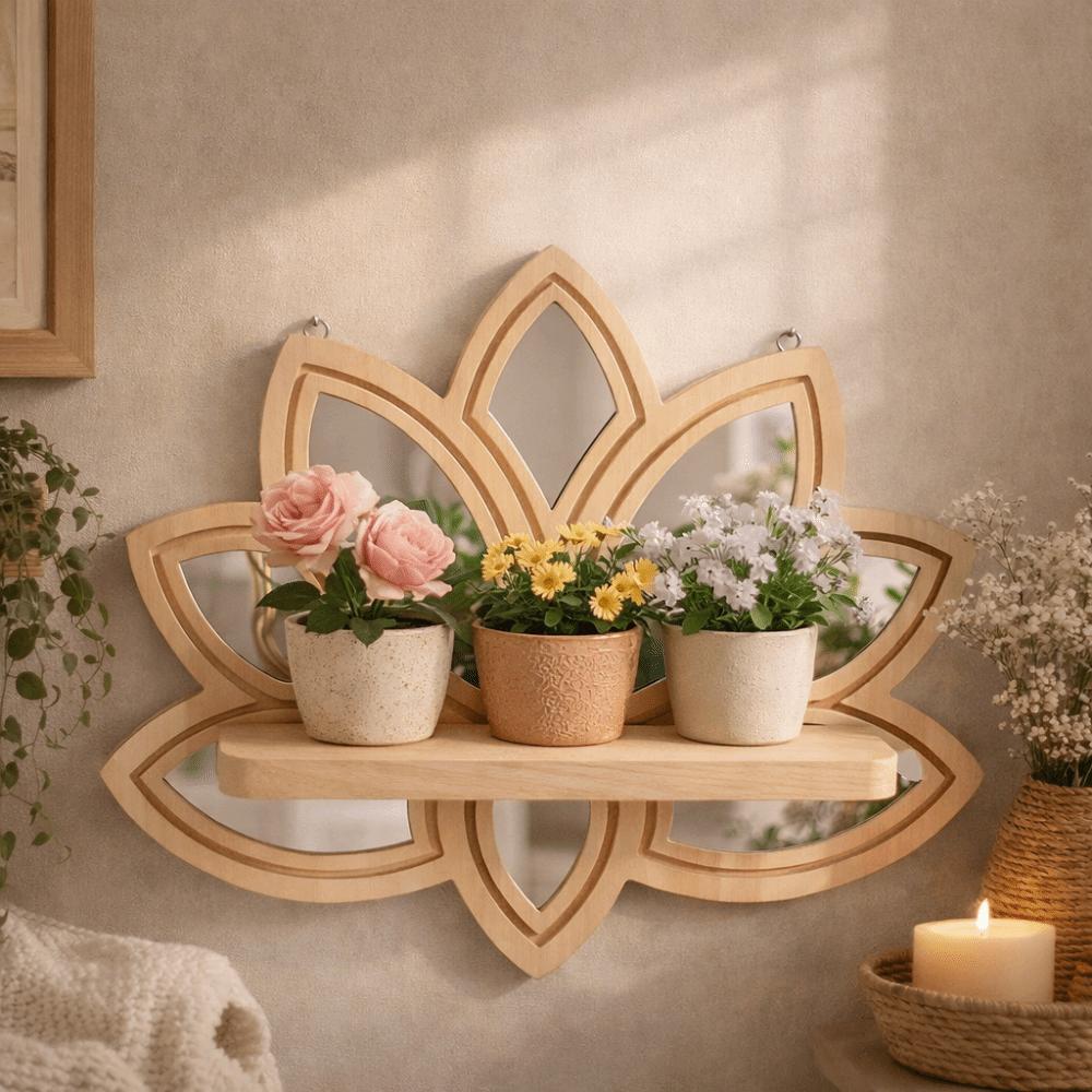 Creative Wooden Lotus Floating Shelf with Mirror Decorative Display Wall Shelf Detachable Crystal Display Rack Bedroom