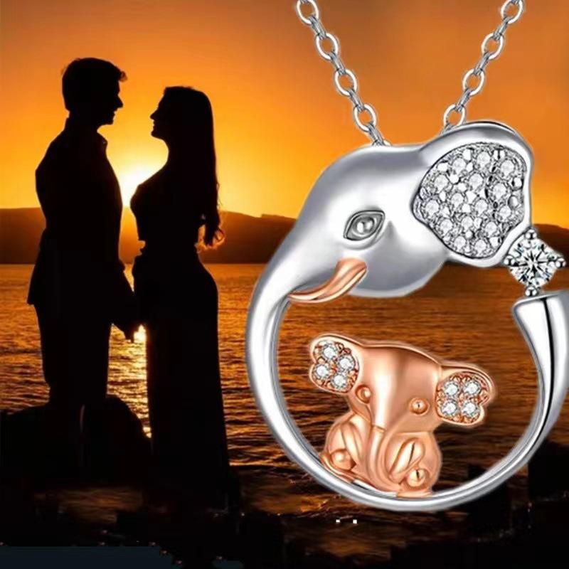 Fashion Love Shaped Mother and Child Elephant Pendant Necklace Minimalist Letter Pendant