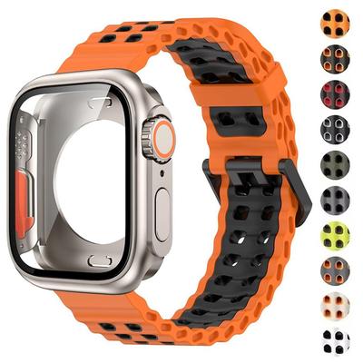 Bracelet+Boîtier en Silicone Pour Apple Watch Series11 10 9 8 7 6 5 4 Changer pour Ultra3 2 49mm Bracelet Sport Bicolore Bu de Protection en Verre