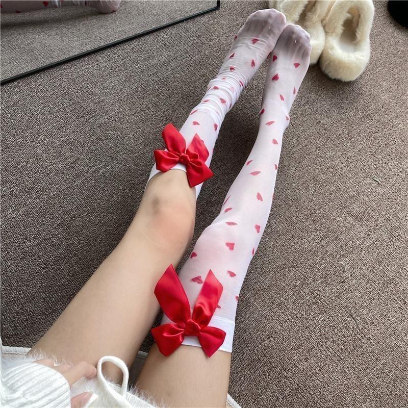 Christmas Sweetheart High Stockings Love Pattern Red Bow Ultra-Thin Beautiful Legs Stockings Knee Socks Women'S Stockings