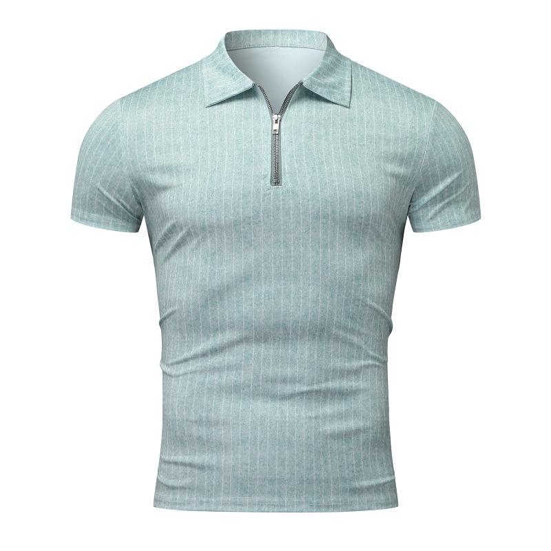 Summer Casual Slim Fit Short Sleeved Striped Zipper Lapel T-shirt Top Polo Shirt