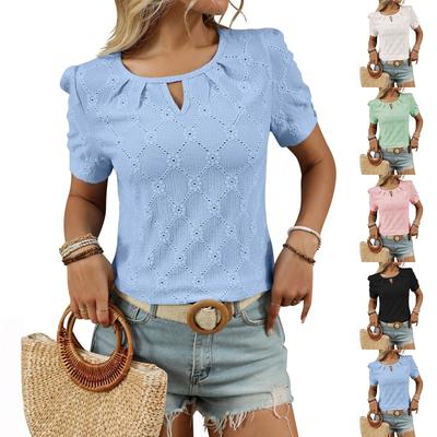 Women's Color ,neck Button,up Short,sleeved T,shirt Cutout Top