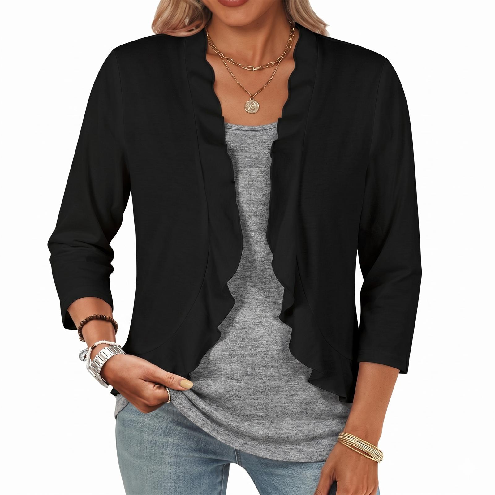 

Loose Fit Knit Cardigan Women Open Front Lightweight Air Conditioning Sweater 3/4 Sleeve Irregular Hem Ruffle Edge Casual Layering Top L чёрный