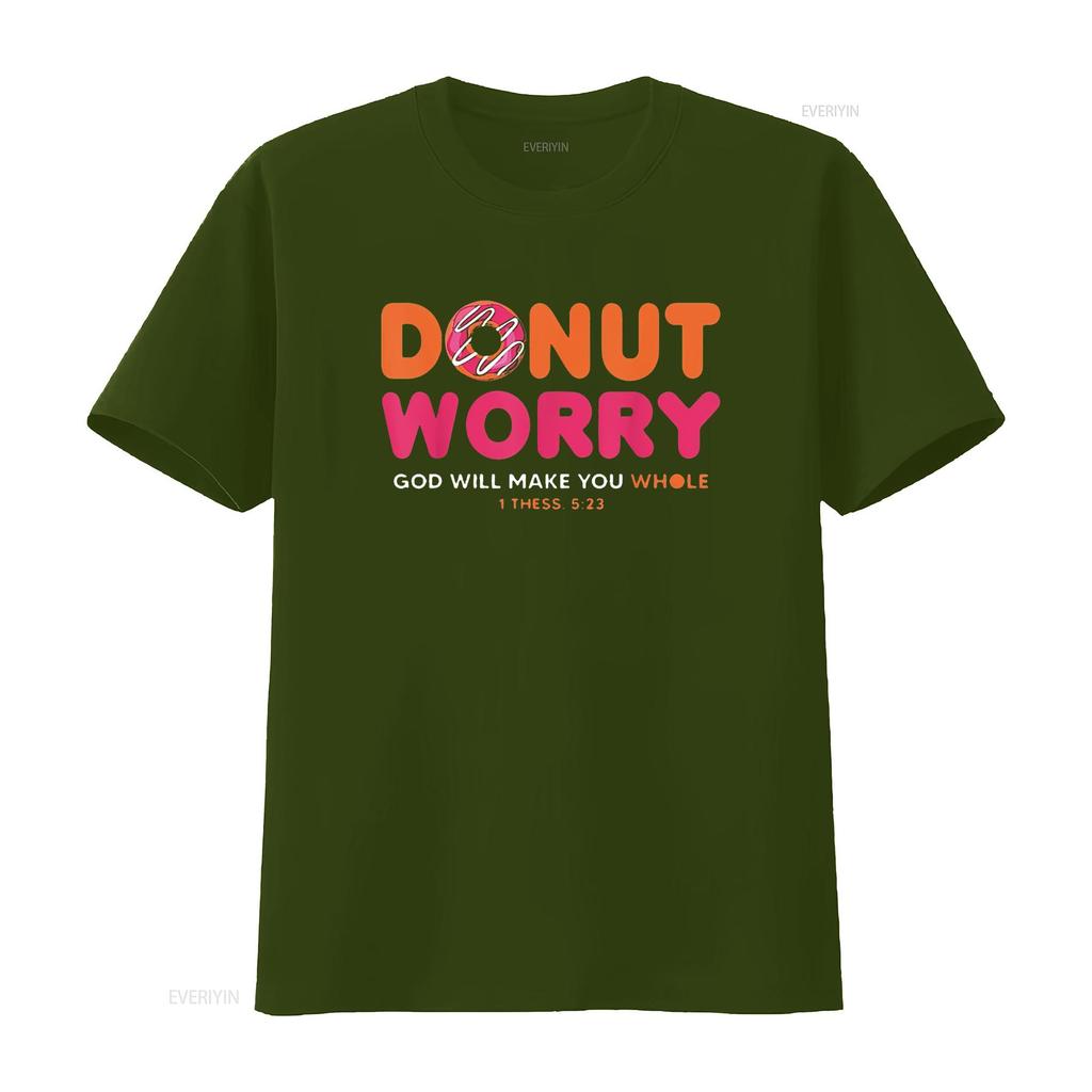 Donut Worry God Will Make You Whole Funny Religious Womens T Shirt Black Vintage Washed Soft Casual Homme Streetwear Slightly