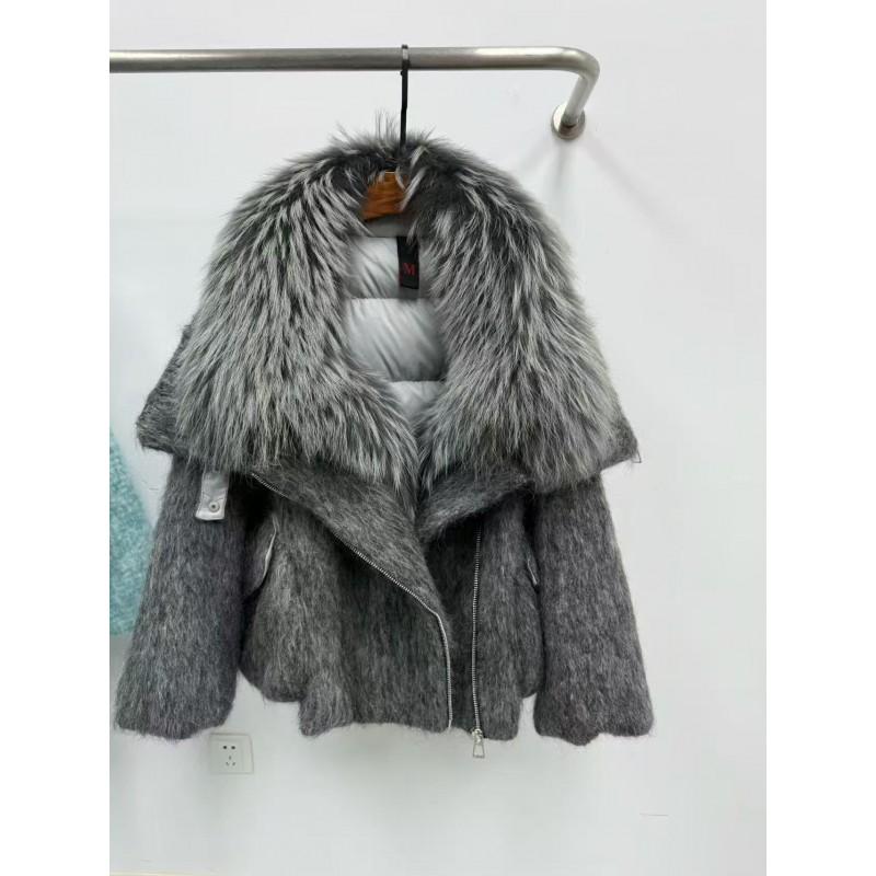 Womens Short Down Coat 2026 Winter Luxury Raccoon Fur Collar Wool Blend Oversized Warm Puffer Jacket