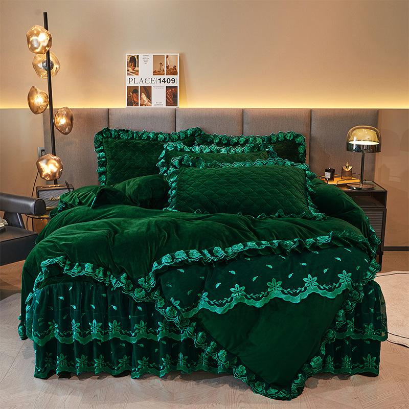Winter Thickened Baby Fleece Lace Bed Skirt Quilted To Keep Warm Milk Fiber Bedspread Princess Lace Bedding