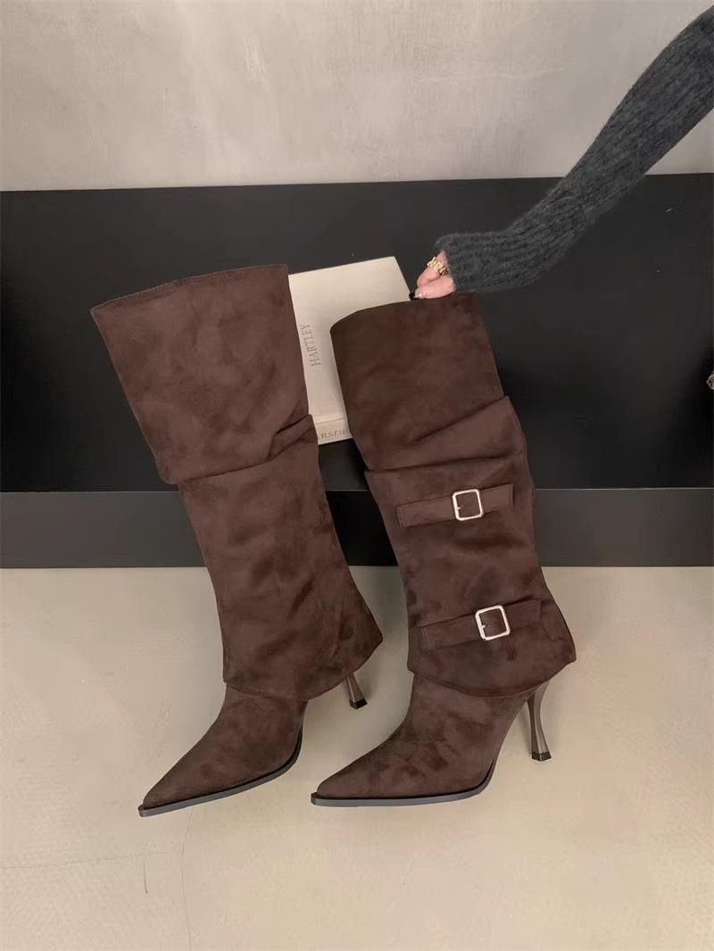 

2025 осень и зима новые удобные туфли на высоком каблуке с острым носком и тонким каблуком, женственные, облегающие, длинные сапоги-ботфорты 40 коричневый