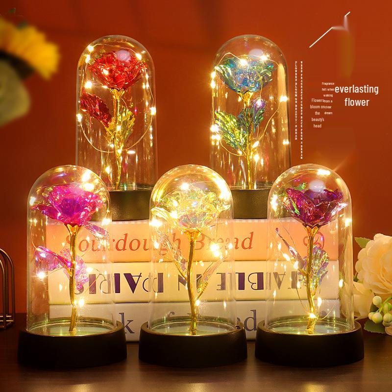 Gold Foil Rose Glass Dome Night Light - Everlasting Flower Valentine's & Birthday Creative Gift Ornament