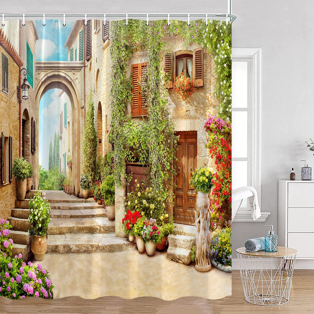 

European Style Arch Architecture Shower Curtains Green Vine Peacock Elegant Bathroom Decor Roman Column Vintage Art Bath Curtain 90x180cm-35x70in