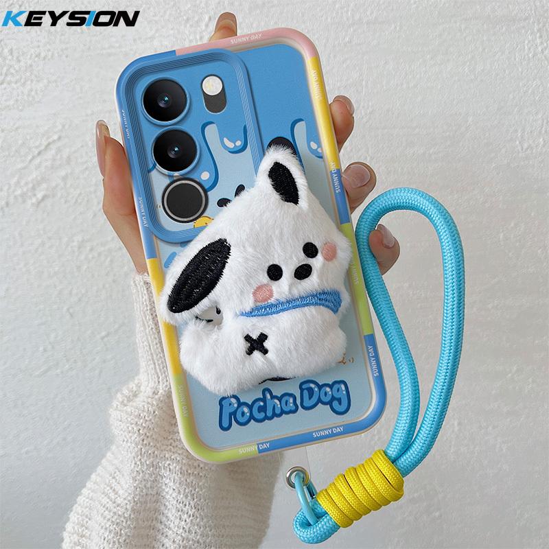 KEYSION Cute 3D Cartoon Plush Case for VIVO V29 5G with Lanyard Soft Silicone Shockproof Phone Back Cover for VIVO V29 5G