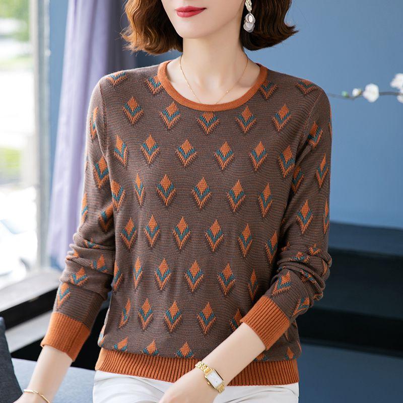Autumn Winter Women Round Neck Middle-aged Mothers Jacquard Color Tops Knitted Bottoming Shirts Foreign Style Sweaters