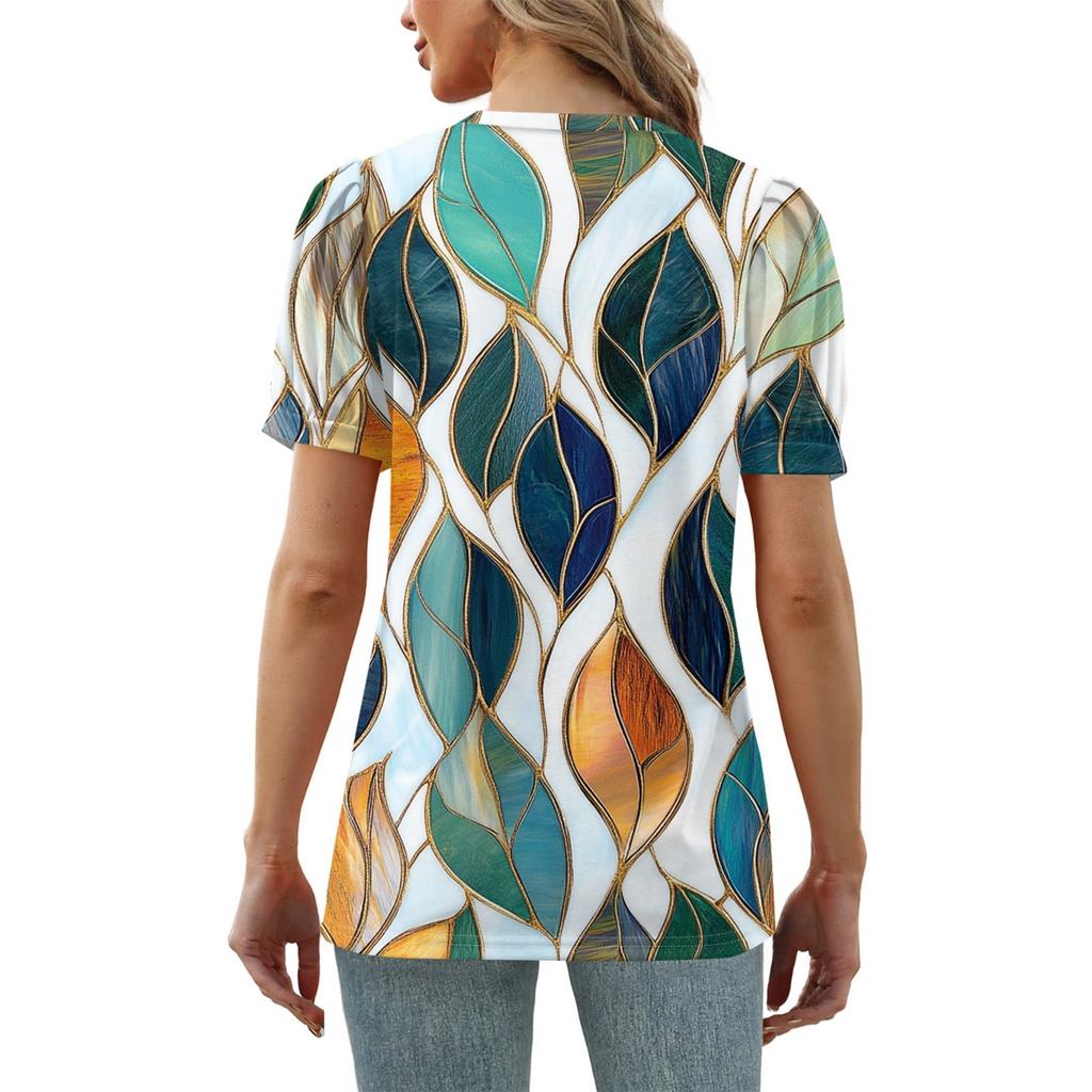 Dámská móda Květinový potisk Top Krátký balónkový rukáv Výstřih do V Volné ležérní tričko