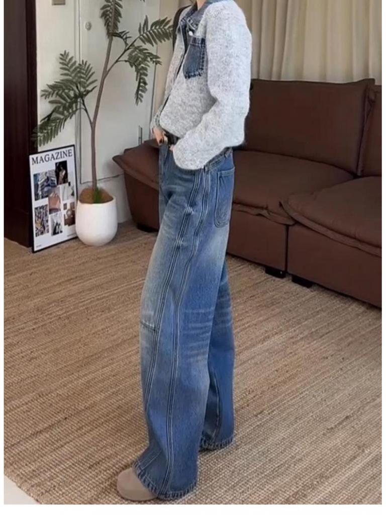 Plus Size Retro Wide-Leg Fleece-Lined Denim Pants for Women - Autumn/Winter