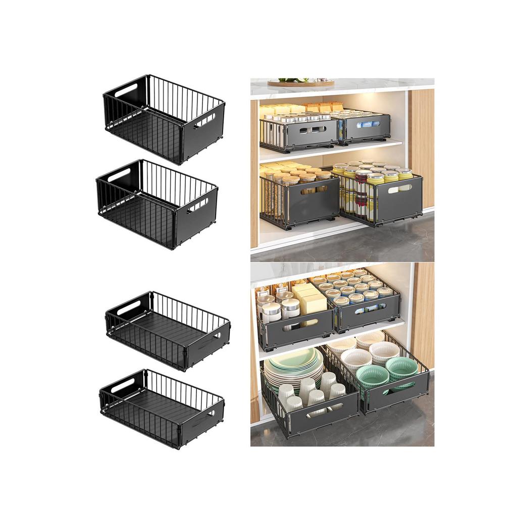 2 Pieces Pull Out Cabinet Organizer Slide Storage Shelves Basket Drawers for
