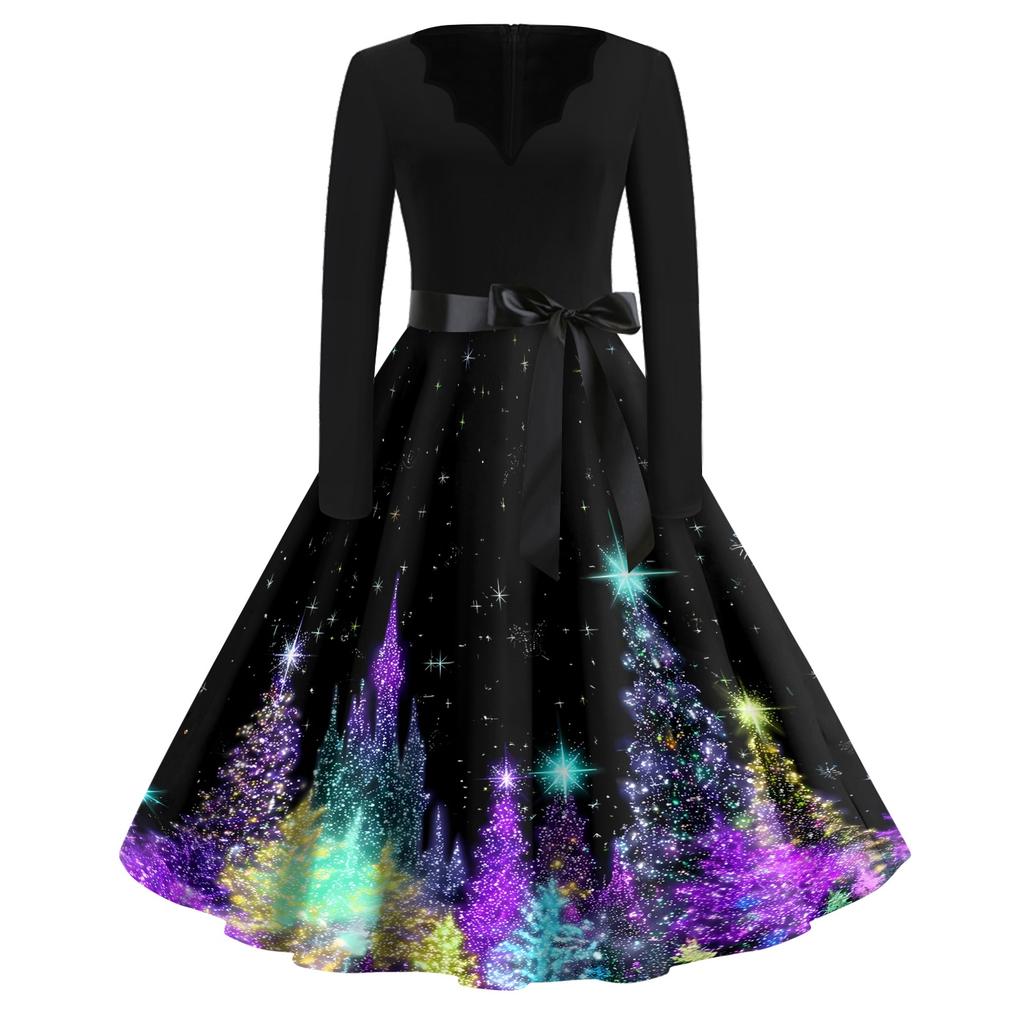Women's Casual Christmas Print V Neck Vintage Dress for Holiday Party and Everyday Wear